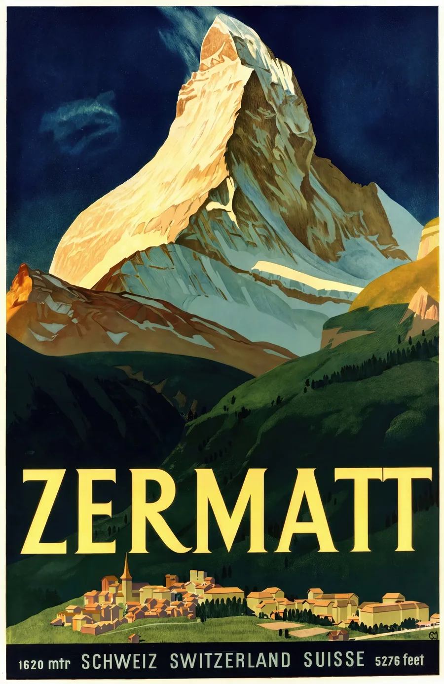 Vintage Zermatt and Matterhorn Switzerland travel poster
